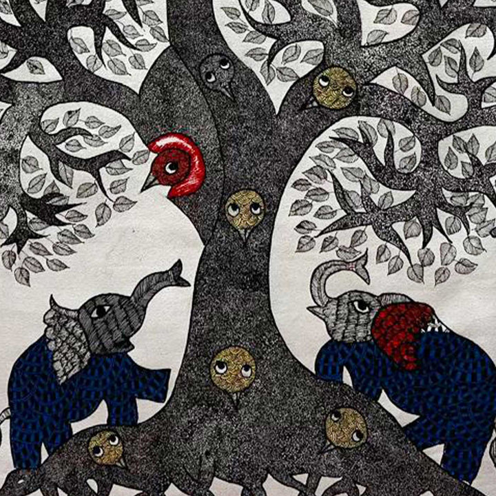 24 x 36 Inch | Elephant & Tree | Original Hand Painted Tribal Gond Art Painting | Acrylic Paints On Paper