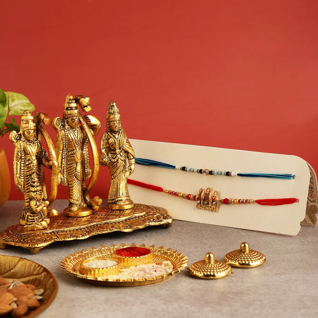 Handmade Shri Ram Rakhi Hamper | Includes 1 Ramdarbar Idol, 2 Rakhis, 1 Roli Chawal