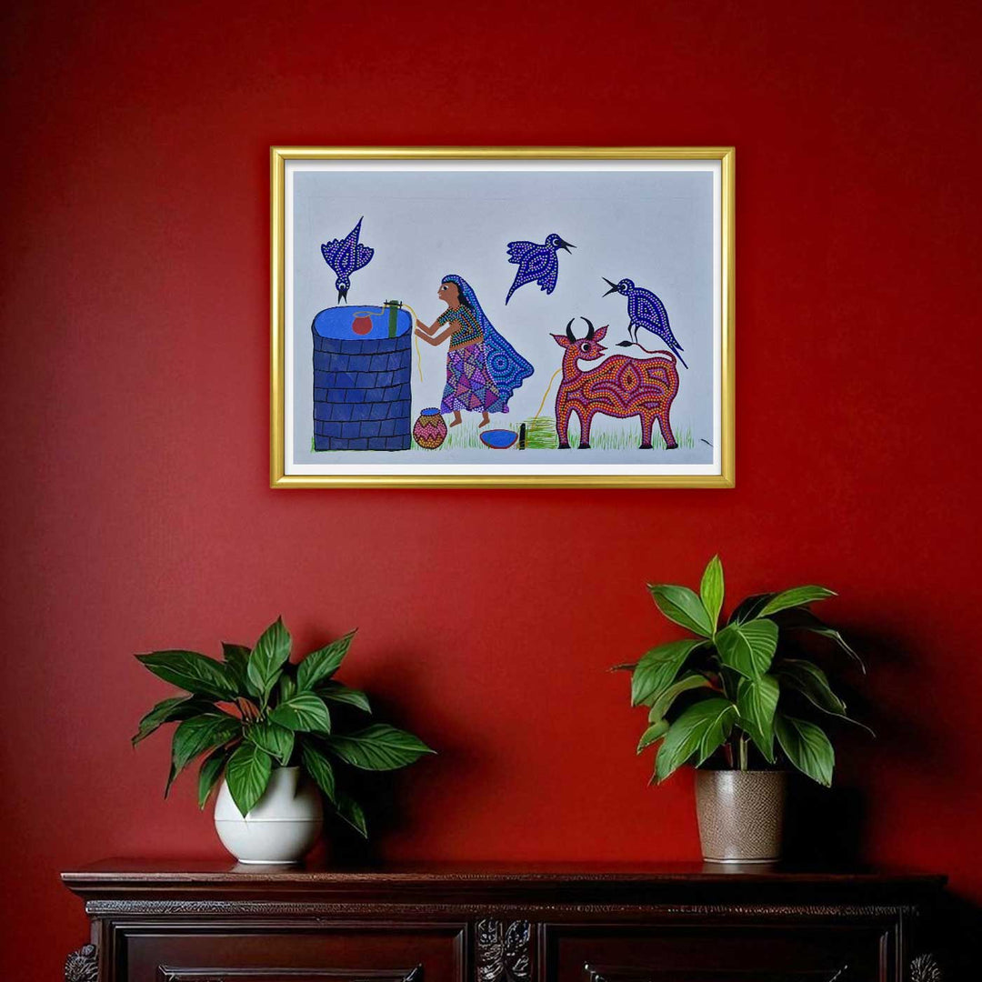11 x 15 Inch | Morning at the Village Well | Original Hand Painted Bhill Painting | Acrylic Paints On Paper