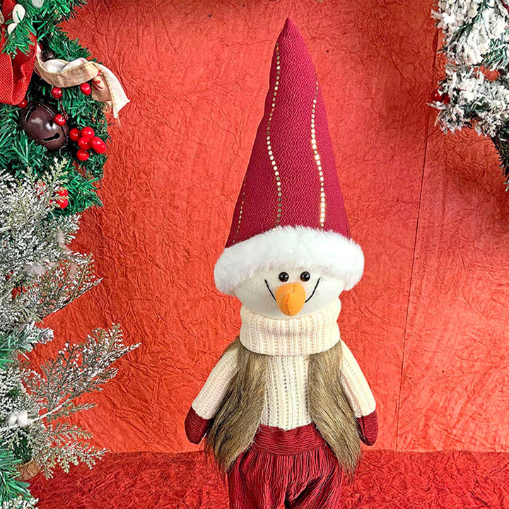 Cream Maroon Gold Self-Standing Snowman Woolen Decor For Christmas Table Decoration