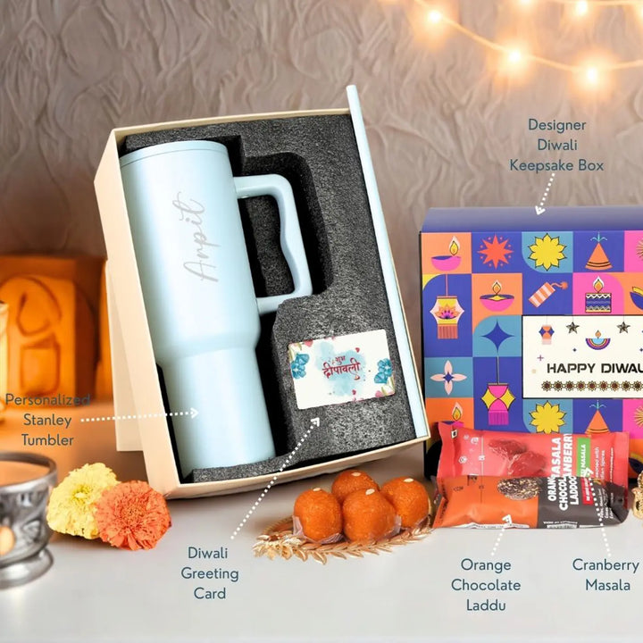 Personalized Diwali Gift Hamper | Includes 1 Tumbler, 1 Cranberry Bar, 1 Chocolate Ladoo, 1 Greeting Card