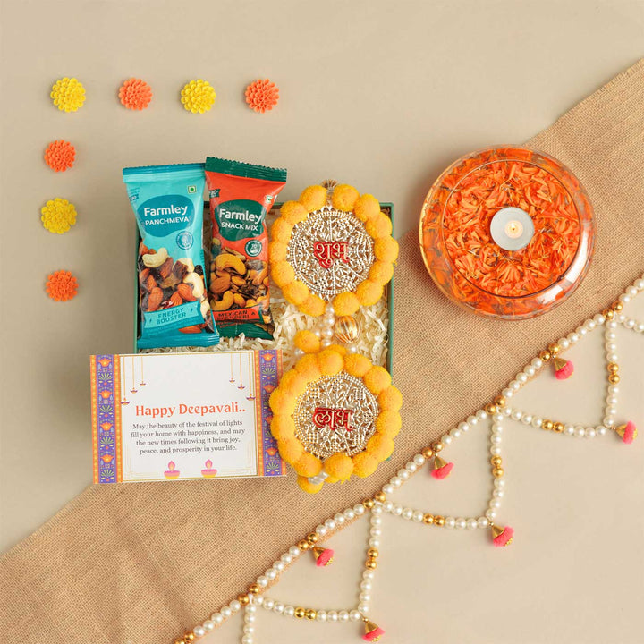 Handmade Jyoti Gift Hamper | Includes 1 Urli, 2 Dry Fruit, 1 Shubh Labh, 1 Bandarwar, 1 Card And 1 Box
