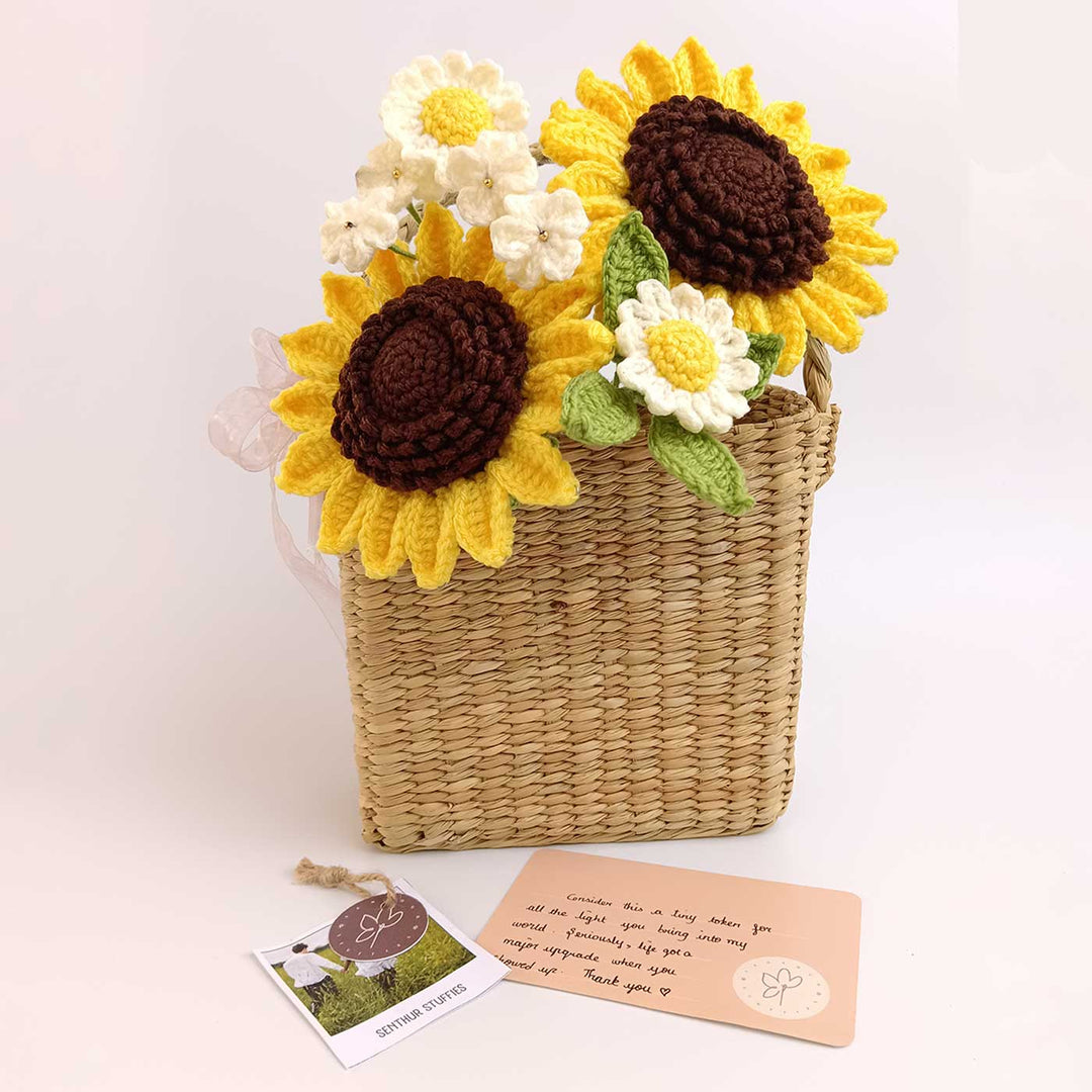 Handmade Crochet Sunflower Basket | Includes Photo & Greeting Card