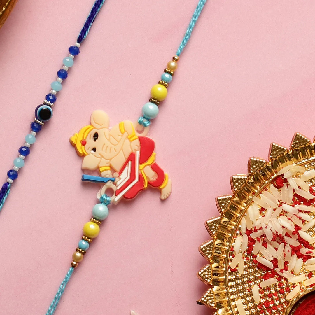 Handmade Ganesha & Evil Eye Kids Rakhi With Roli Chawal | Set Of 2