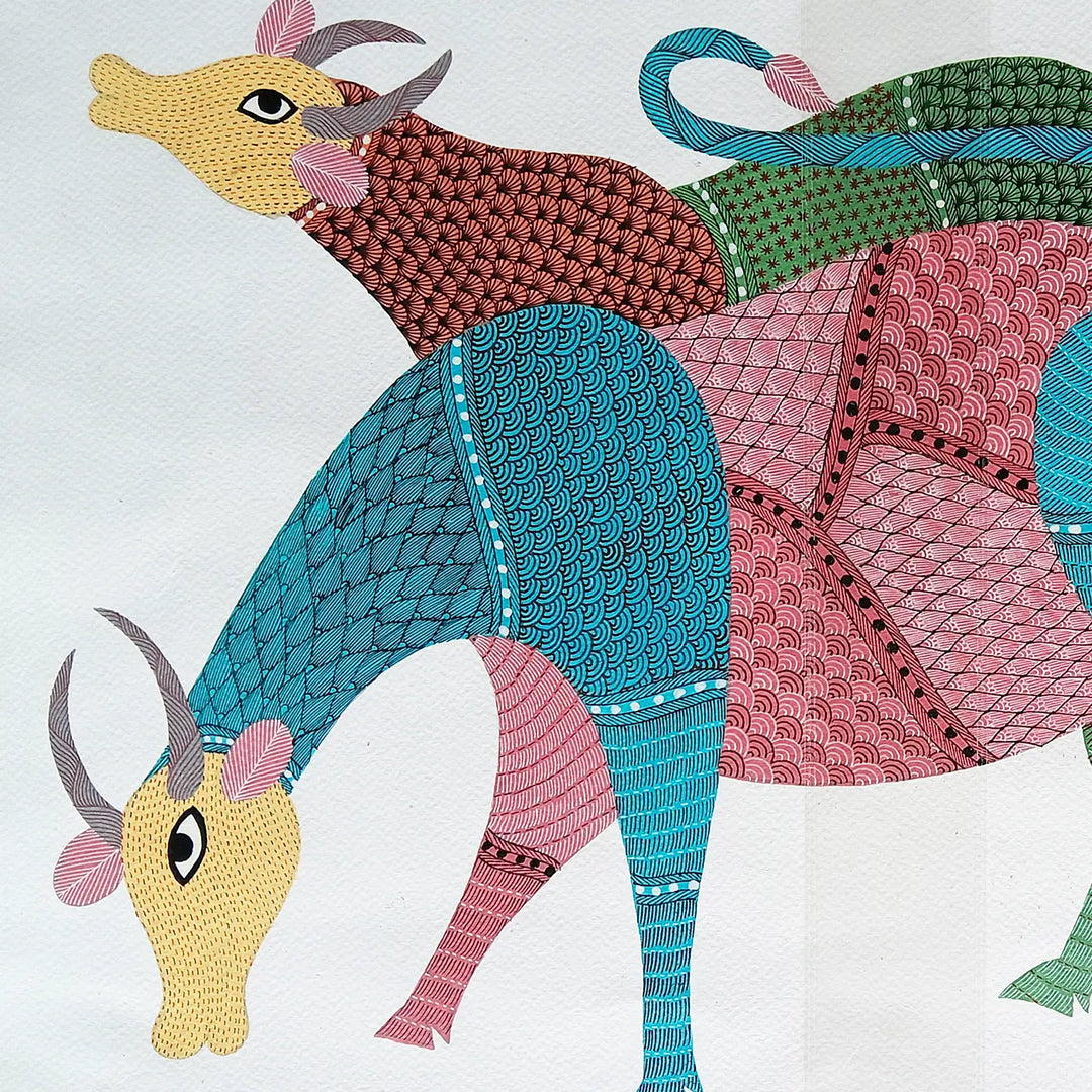 15 x 22 Inch | Group of Cows | Original Hand Painted Tribal Gond Art Painting | Acrylic Paints On Paper