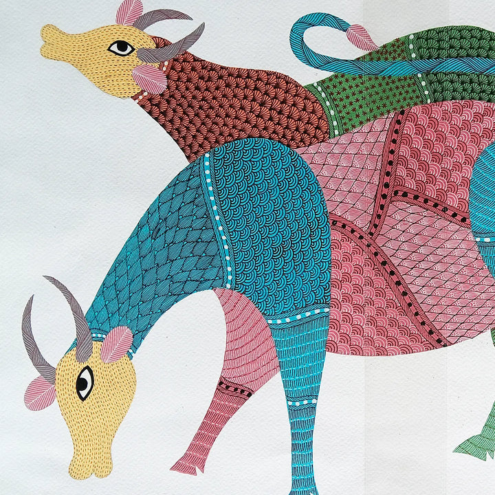 15 x 22 Inch | Group of Cows | Original Hand Painted Tribal Gond Art Painting | Acrylic Paints On Paper