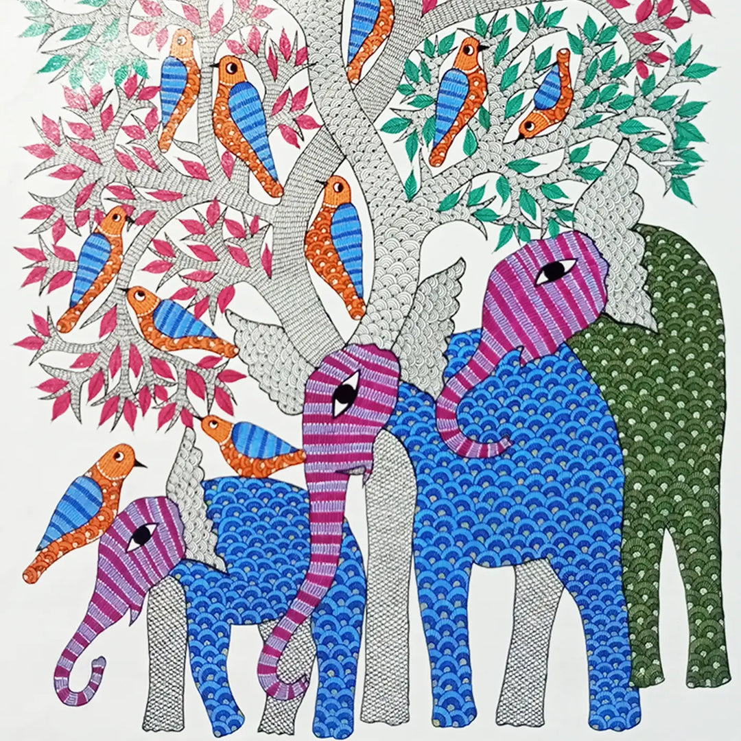 24 x 36 Inch | Elephant & Bird | Original Hand Painted Tribal Gond Art Painting | Acrylic Paint On Canvas