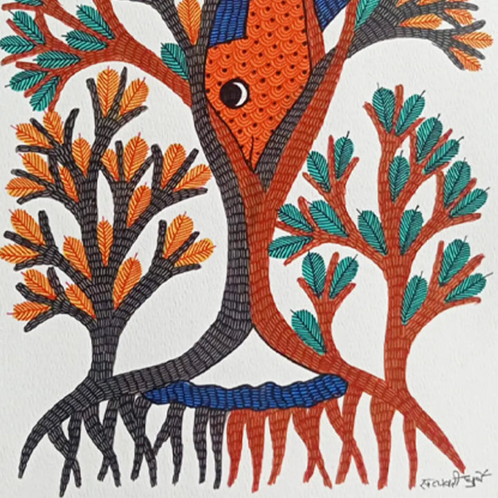 11 x 16 Inch | Fish Among Trees | Original Hand Painted Tribal Gond Art Painting | Acrylic Paint On Paper