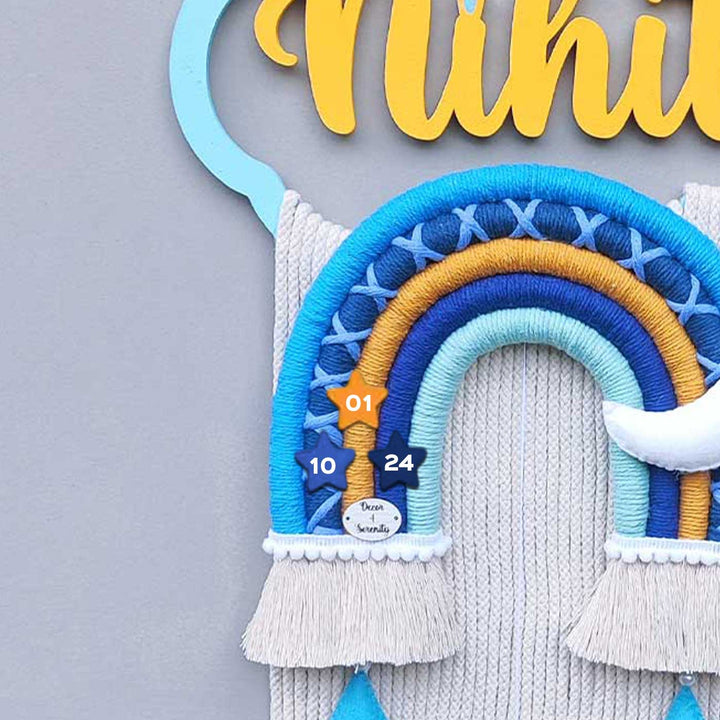Personalized Handmade Macrame Krishna Morpankh Kids Name Plate With 3D Letters - Close-up of Hanging Detail