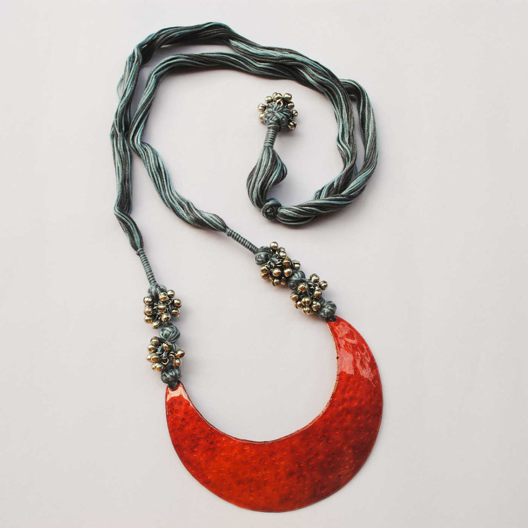 Handmade New Moon Shaped Ghungroo Copper Enamel Necklace