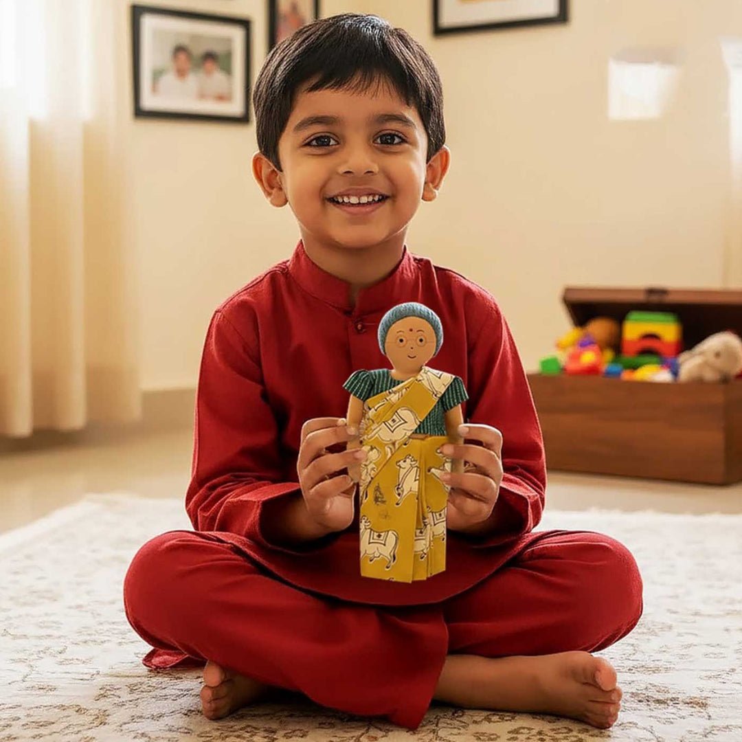 Nilah's Patti (Grandmother) In Yellow & Green Saree | Soft Hand-Stitched Sustainable Indian Play Doll
