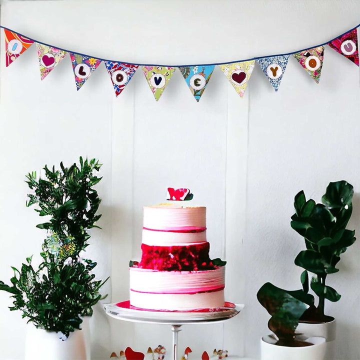 Handmade Multicolored "I Love You" Upcycled Fabric Bunting