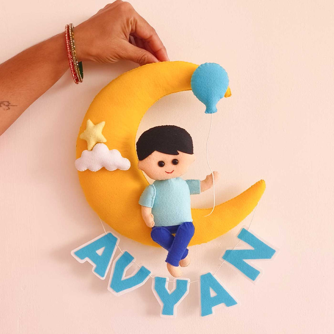 Personalized Handmade Baby On Moon Felt Kids Name Plate