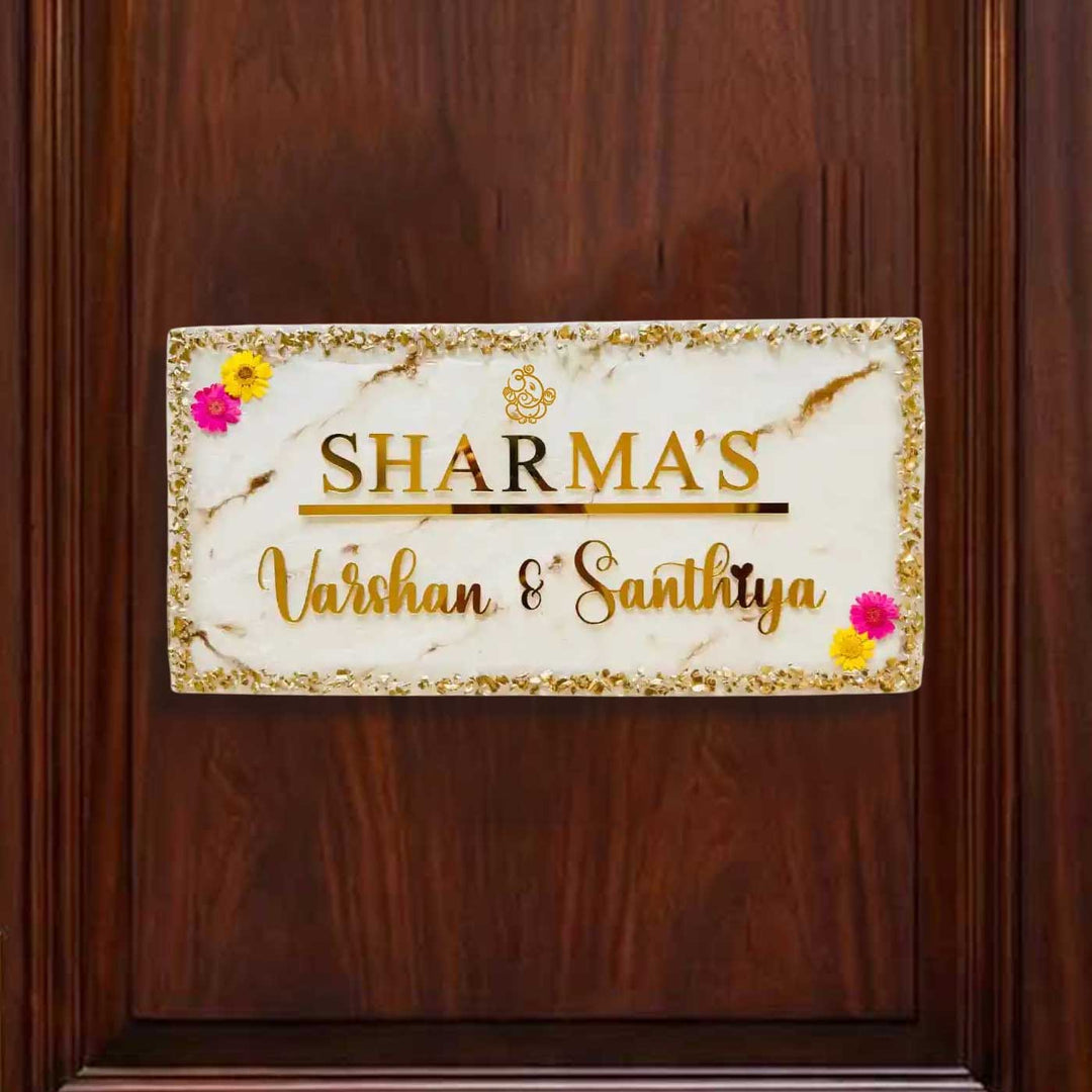 Personalized White & Gold Ganesha Theme Resin Name Plate