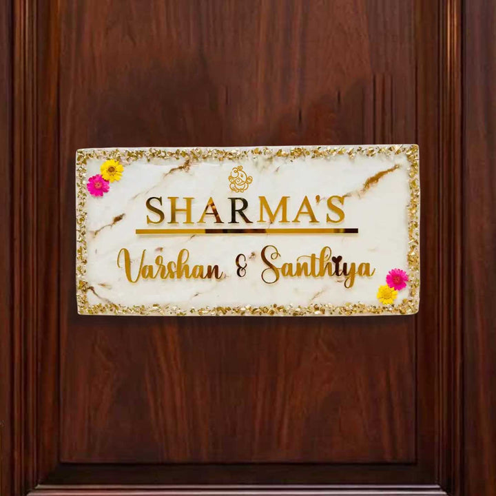 Personalized White & Gold Ganesha Theme Resin Name Plate