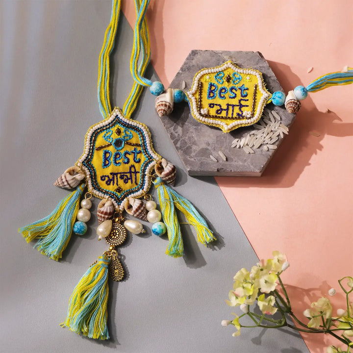 Handmade Embroidered Best Bhaiya & Best Bhabhi Bhaiya Bhabhi Rakhi With Roli Chawal | Set Of 2