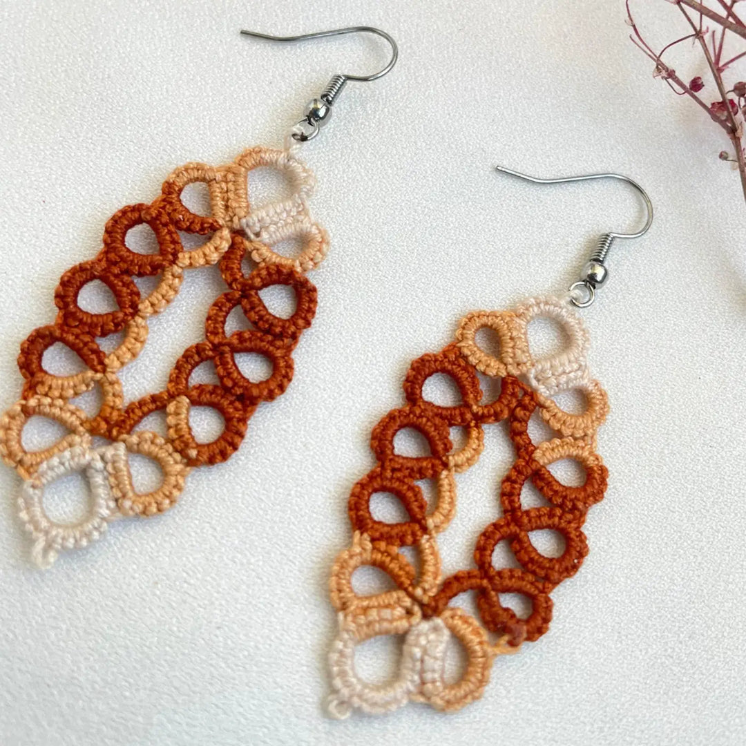Handmade Tatting Triple Color Oval Shaped Cotton Earrings