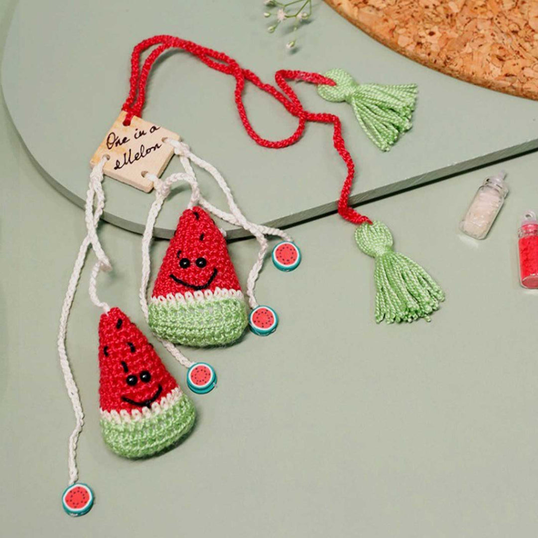 Handmade Crochet One In A Melon Kids Lumba Rakhi With Roli Chawal - Handmade Watermelon Charms Front View