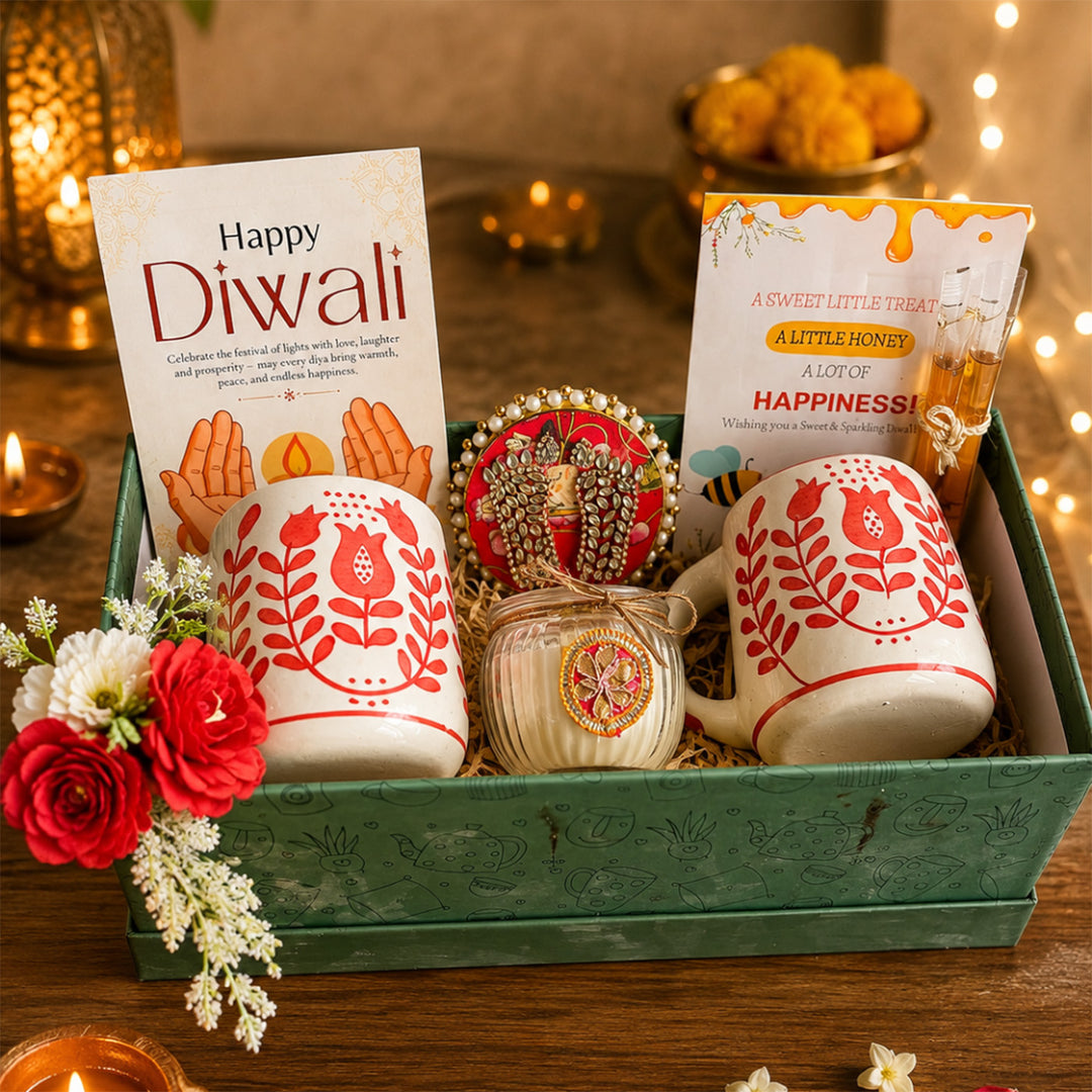 Festive Chai & Glow Green Diwali Gift Hamper With Set Of 2 Mugs And Matka Soy Wax Candle For Festive Gifting