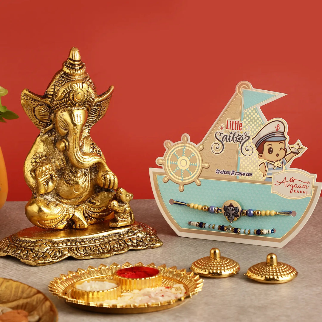Handmade Ganesha Rakhi Hamper | Includes 1 Ganesha Idol, 2 Rakhis, 1 Roli Chawal