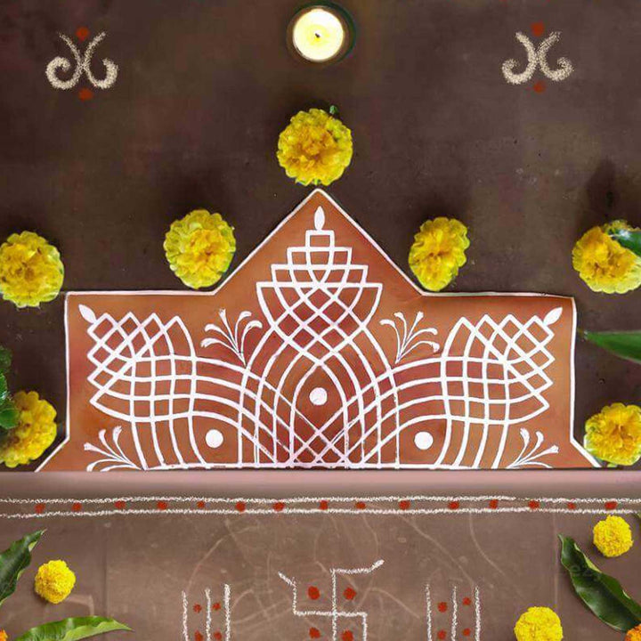 9.5 x 22.5 Inch | Hand-Painted Aureya Semicircle Canvas Kolam Reusable Rangoli Mat