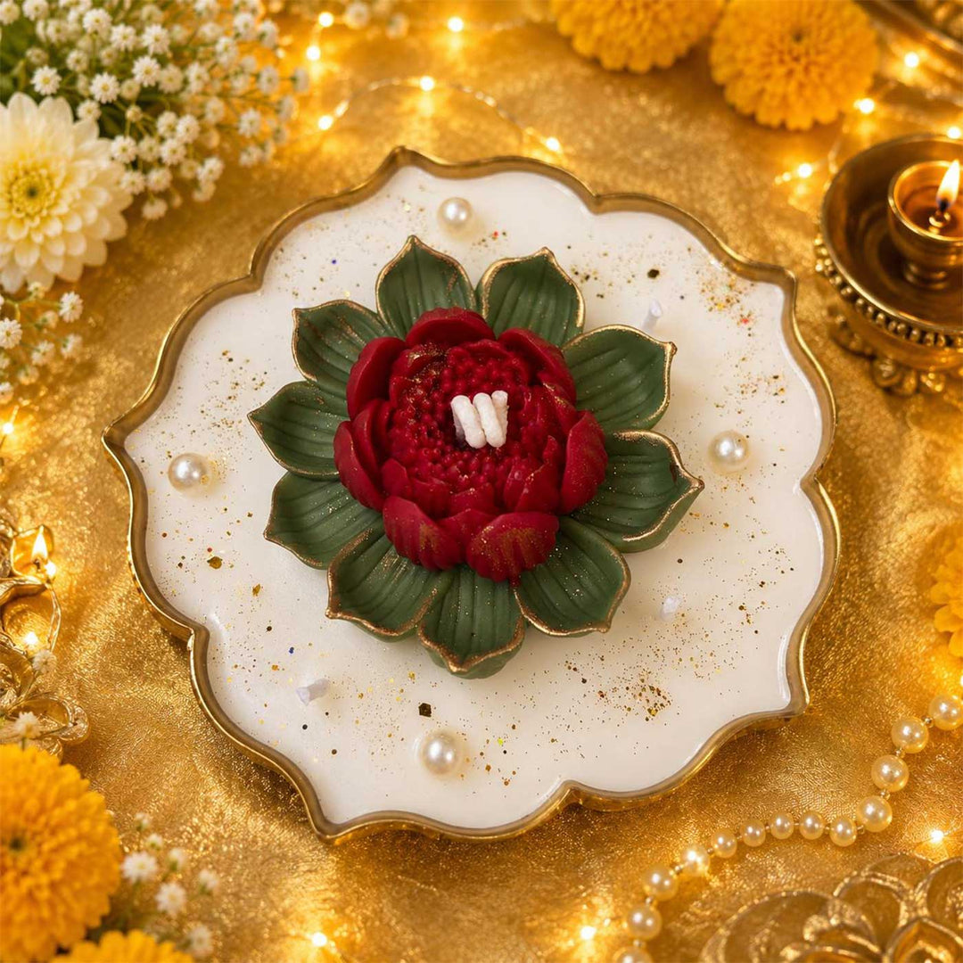 Handmade Lotus Soy Wax Scented Iron Urli Candle For Festive Decor