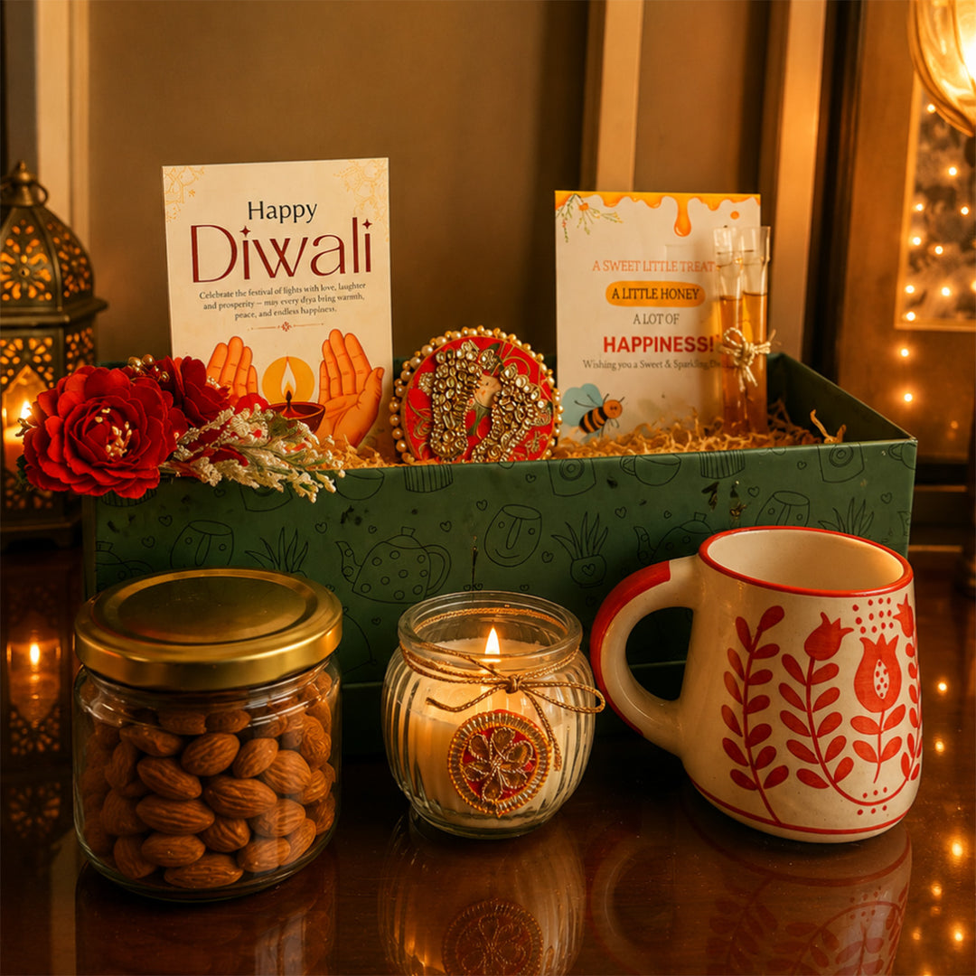 Green Harvest Celebration Diwali Gift Hamper With Mug, Almonds And Candle For Festive Gifting