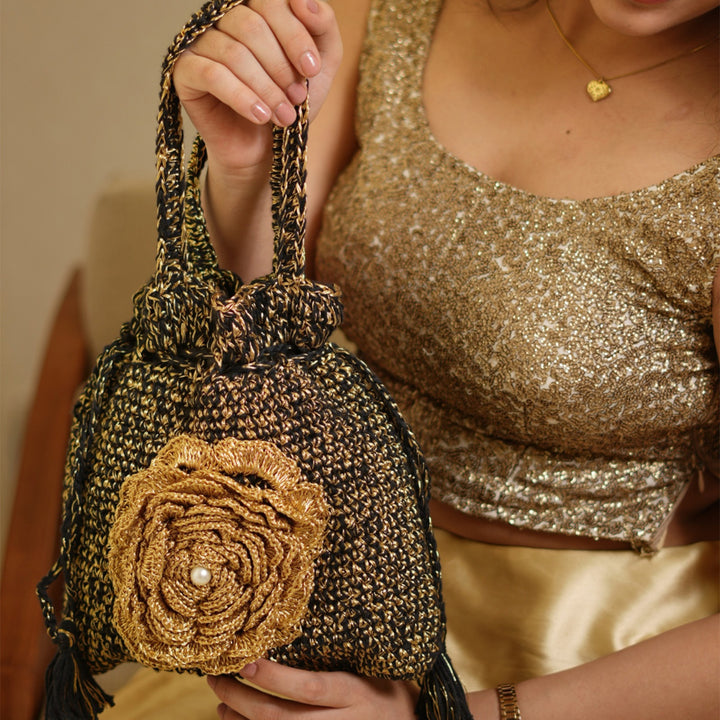 Handmade Crochet Black & Golden Midnight Bloom Potli