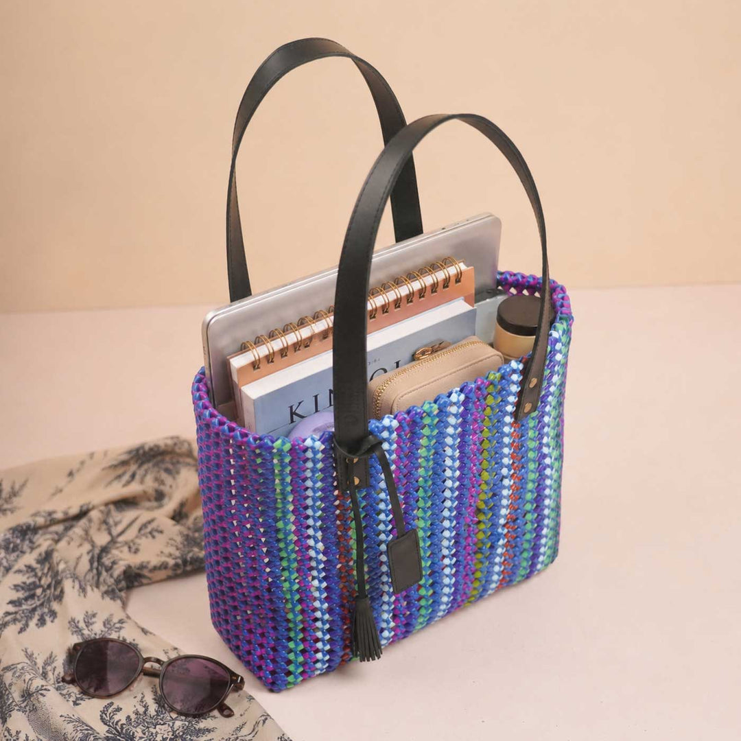 Handmade Vibrant Blue Vertical Striped Wire Koodai Tote Bag
