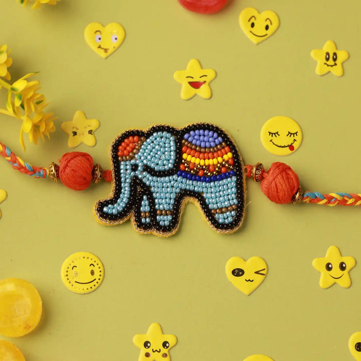 Handmade Beaded Elephant Kids Rakhi With Roli Chawal