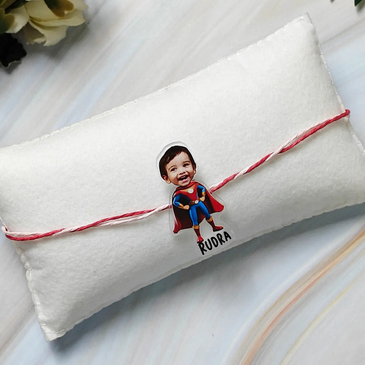 Photo Personalized Reusable Caricature Super Hero Theme Acrylic Kids Rakhi
