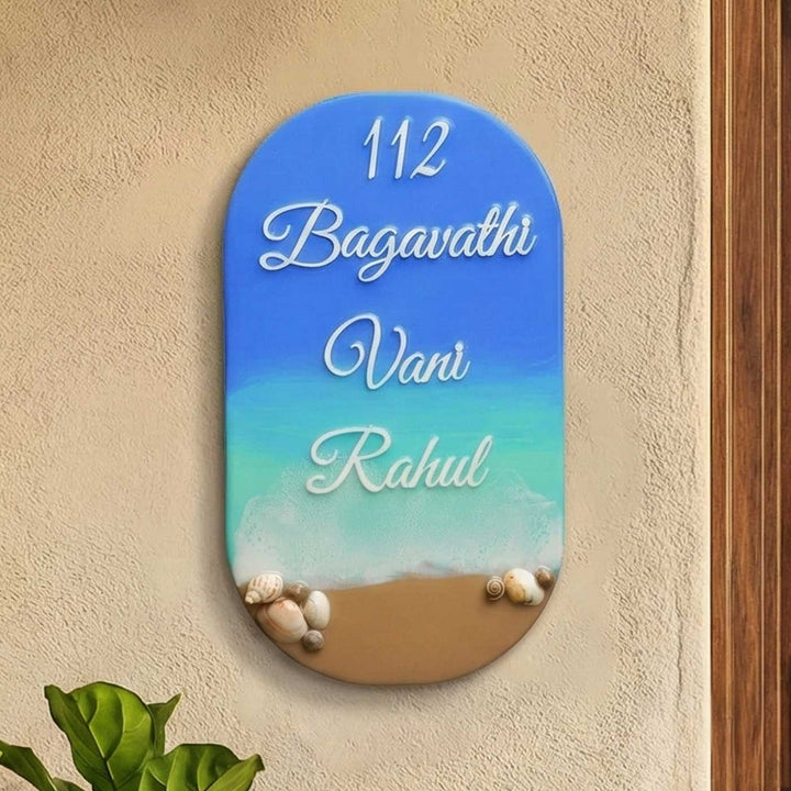 Personalized Blue Beach Theme Resin Vertical Name Plate For Family