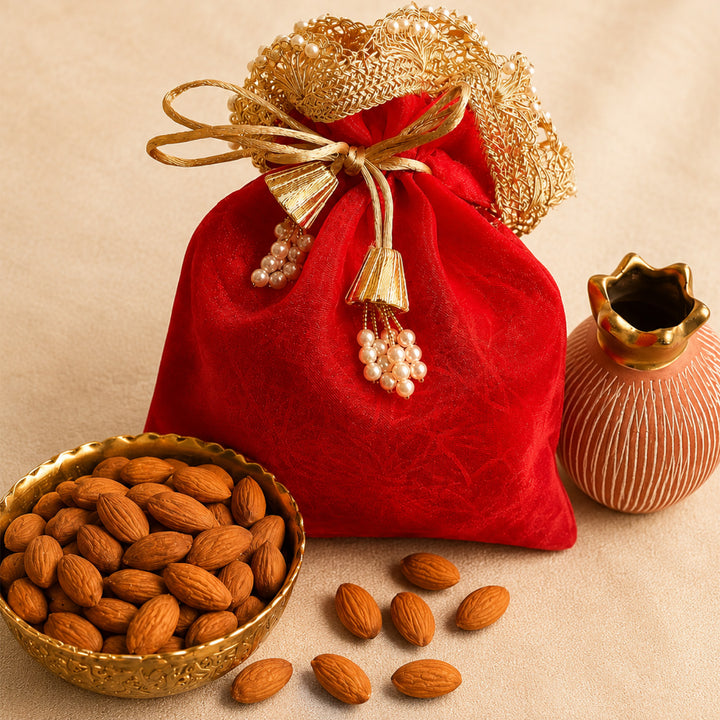 Rangoli Pink Basket Diwali Gift Hamper With 2 Shubh Labh Potlis And Almonds For Festive Gifting