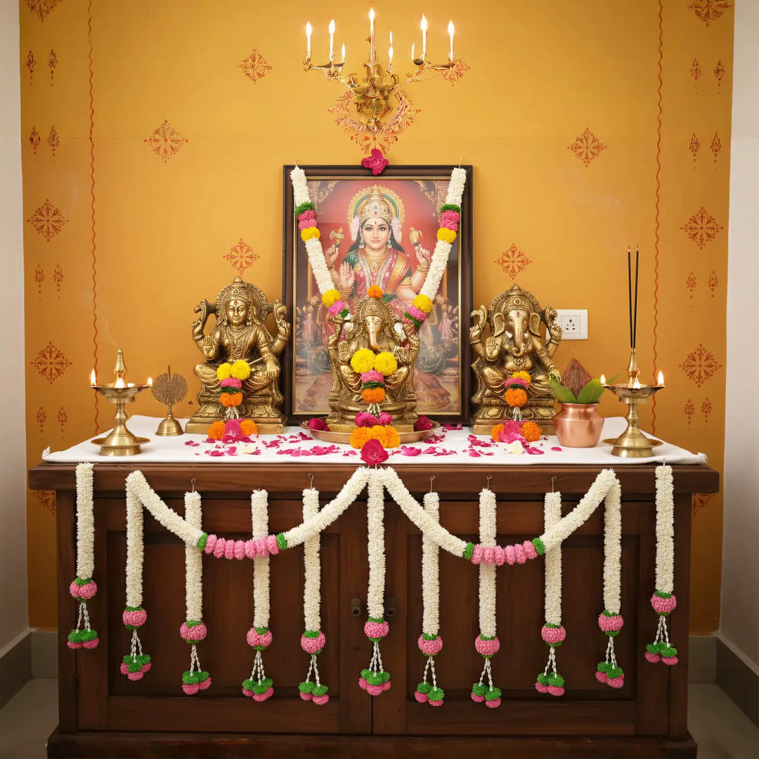 Bloom Royale White & Pink Shola Flower Entrance Decor | Includes Toran + 6 Hangings