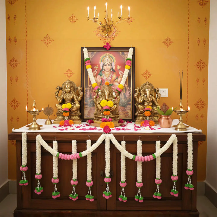 Bloom Royale White & Pink Shola Flower Entrance Decor | Includes Toran + 6 Hangings