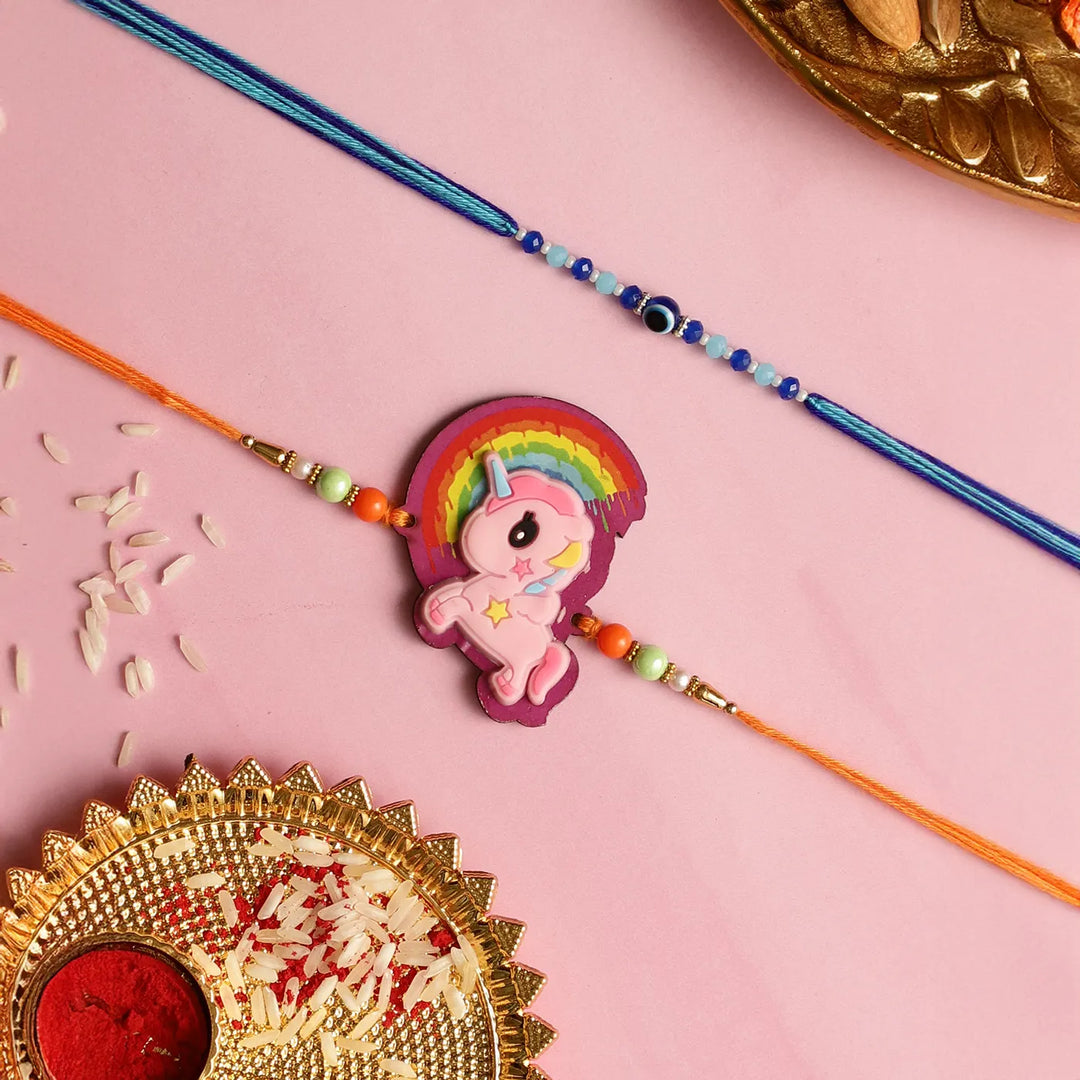 Handmade Unicorn & Evil Eye Kids Rakhi With Roli Chawal | Set Of 2
