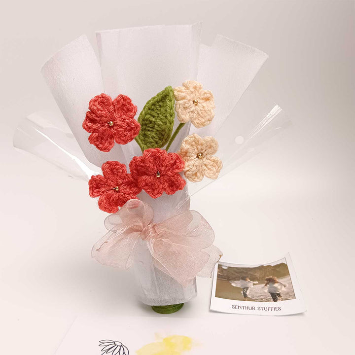 Handmade Crochet Coral Blossom Mini Flower Bouquet | Includes Photo & Greeting Card