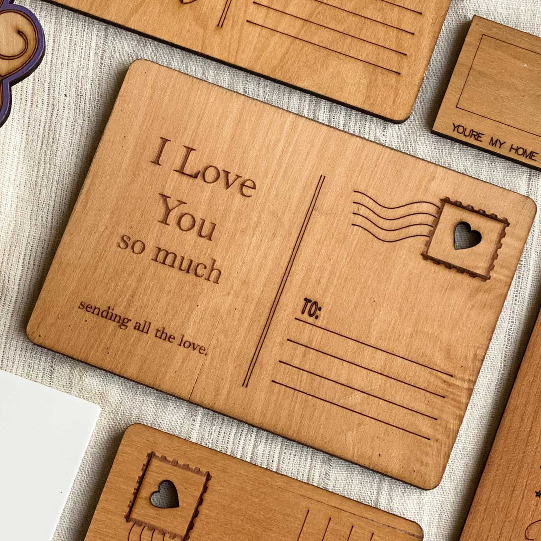 Engraved "I Love You So Much" Postcard Theme Wooden Greeting Card