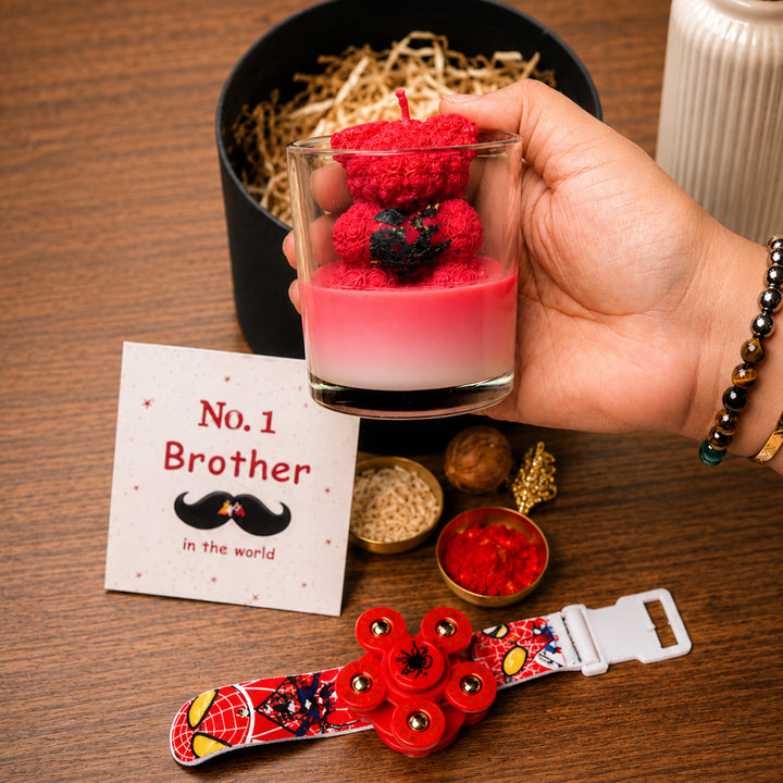 Kids "Chotu Bhai" Teddy Candle Rakhi Hamper With Spinner Rakhi & Roli Chawal For Brother