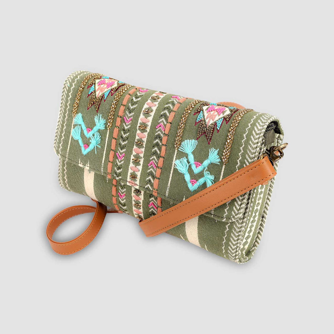 Handmade Embroidered Green Color Sling Bag