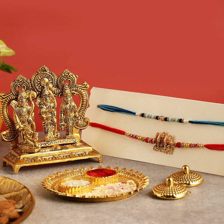 Handmade Shri Ram Rakhi Hamper | Includes 1 Ramdarbar Idol, 2 Rakhis, 1 Roli Chawal