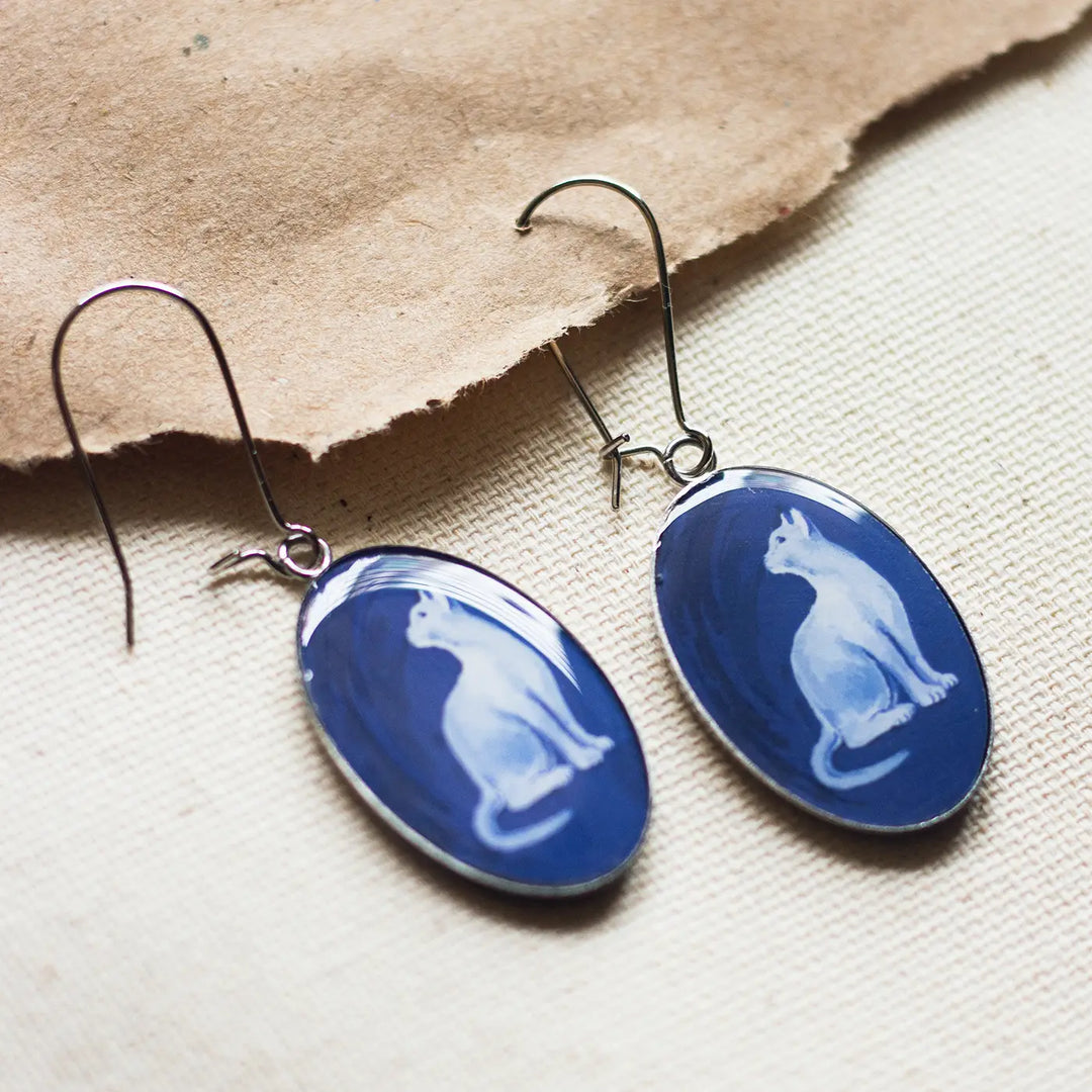 Illustrated Blue Cat Design Stainless Steel Earrings