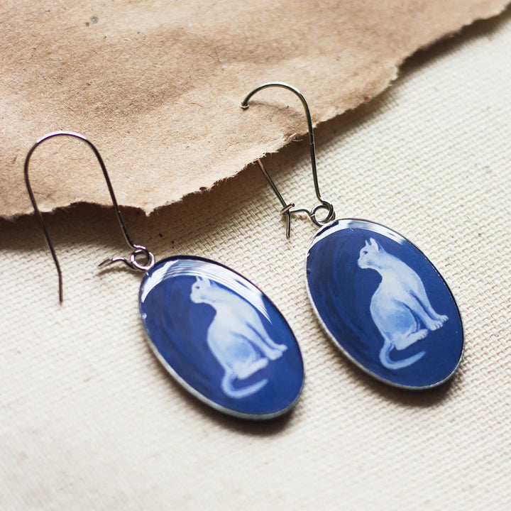 Illustrated Blue Cat Design Stainless Steel Earrings