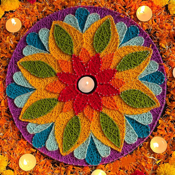 Handmade String Art Rangoli Design Mdf Wood Tealight Holder