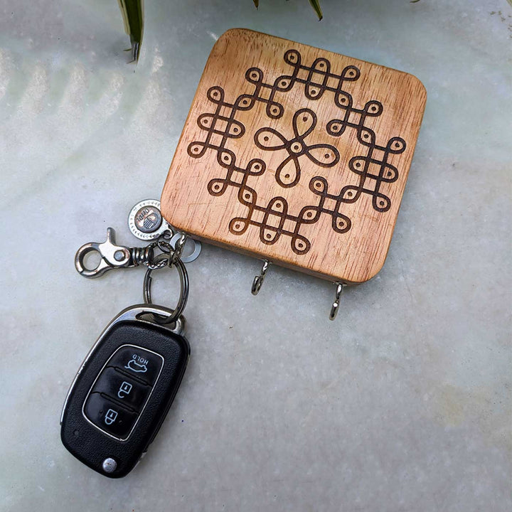Engraved Flower Medallion Kolam Rubber Wood Wall Key Holder
