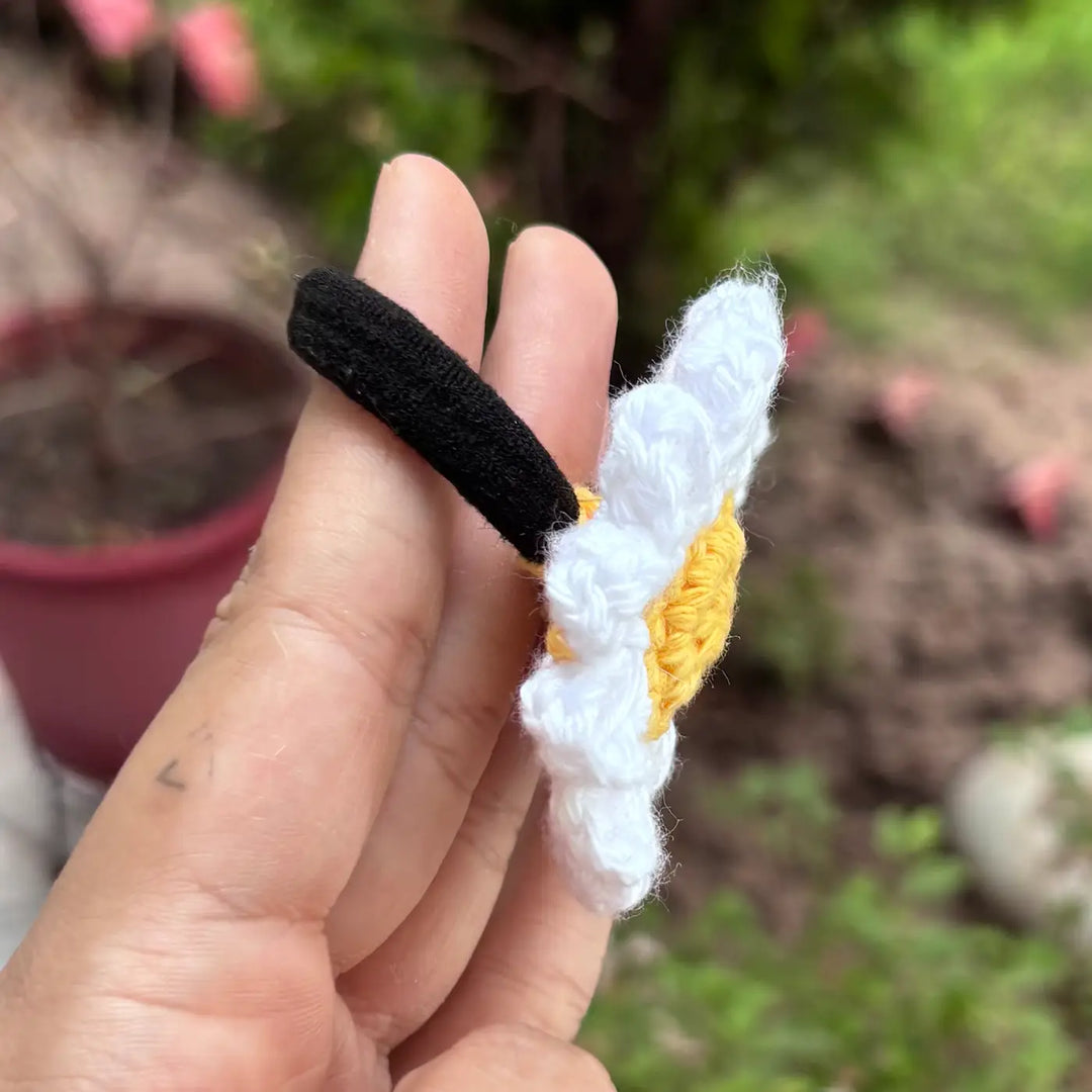 Handmade Crochet White Daisy Flower Design Cotton Hair Tie