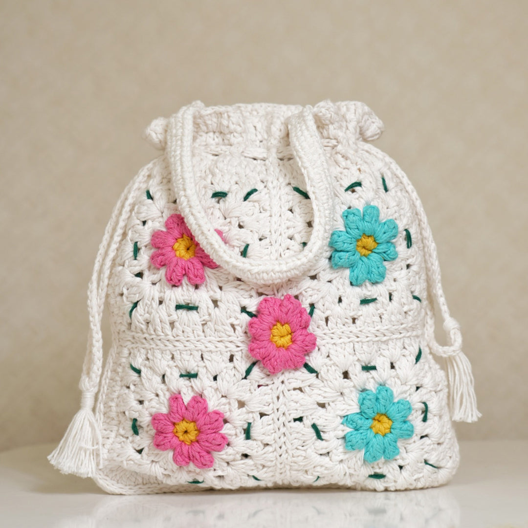 Handmade Crochet White Whimsy Garden Potli
