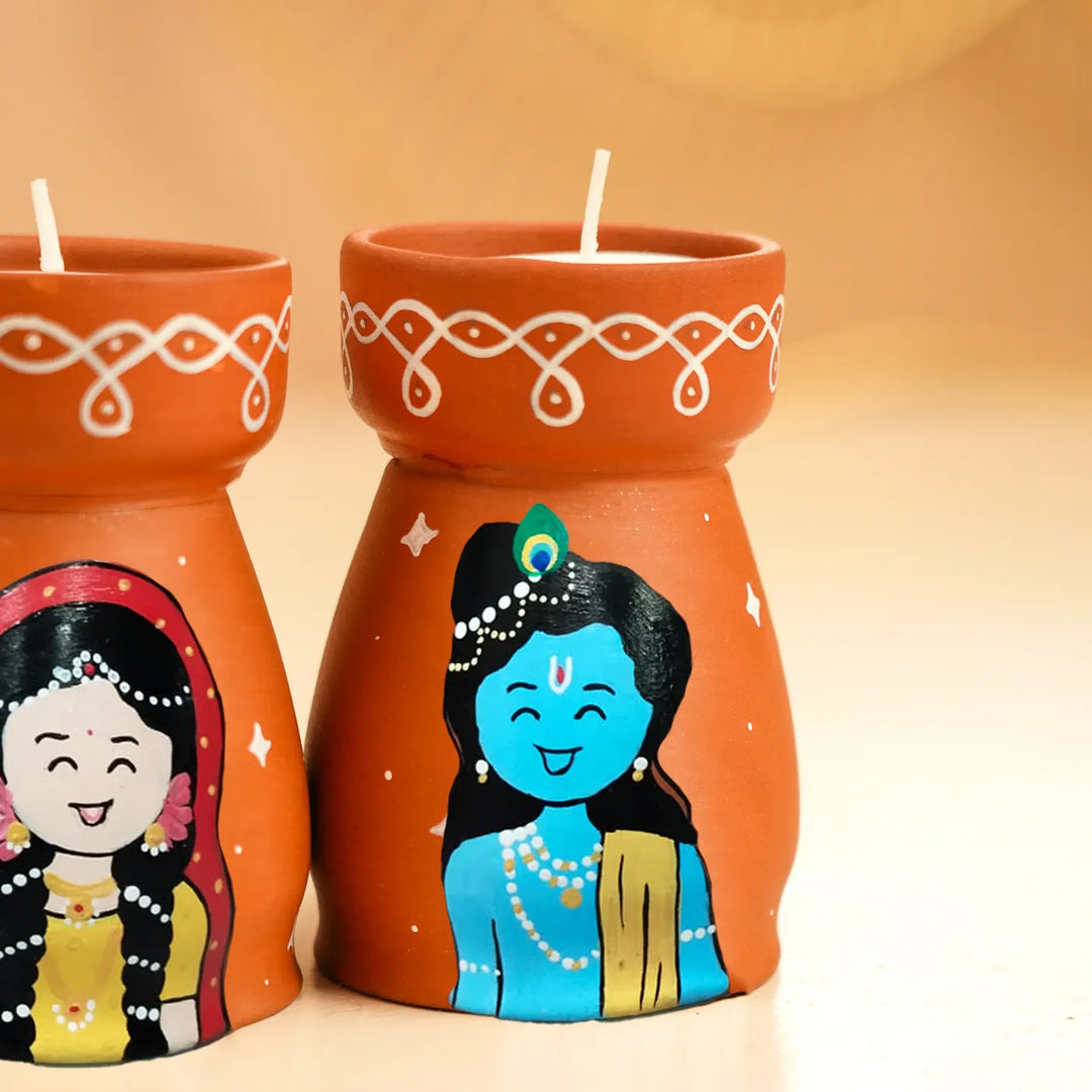 Hand-Painted Radha Krishna Terracotta Tealight Holder | Set Of 2