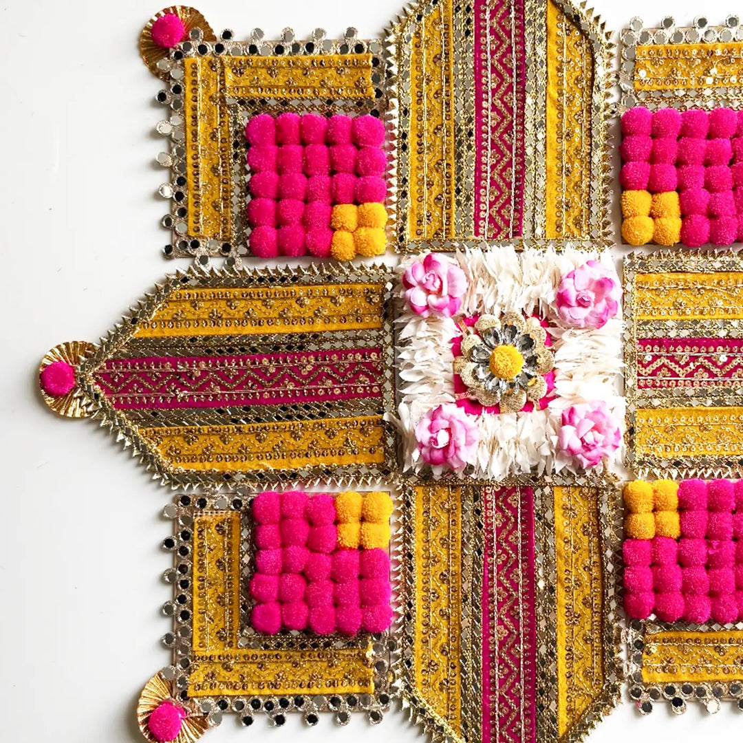 Reusable Embroidered Pink & Yellow Rangoli | Set Of 9