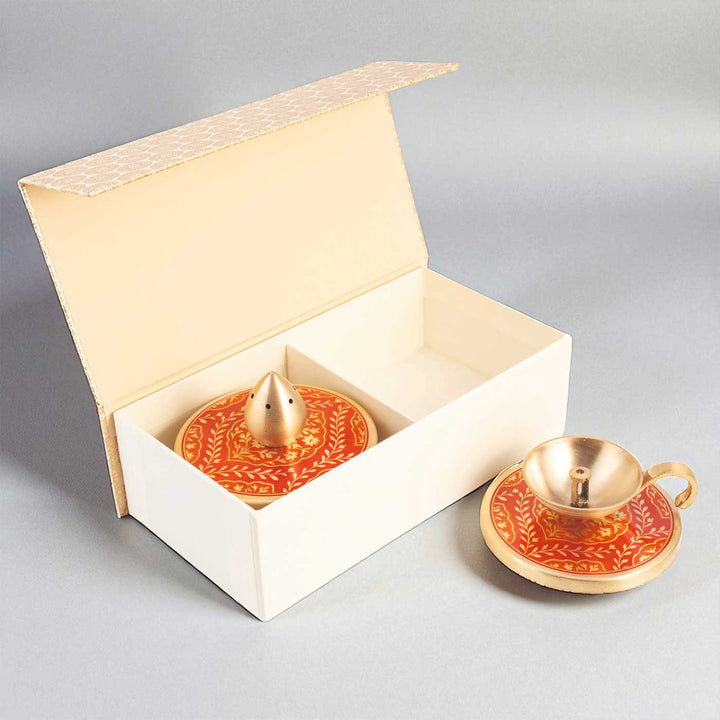 Hand-Painted Sanskaar Brass Gift Hamper | Includes 1 Diya, 1 Incense Holder And 1 Gift Box
